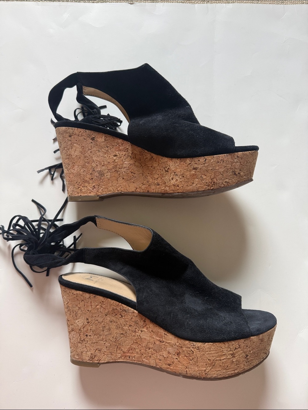 Marc Fisher Black Suede Cork Lace-Up Wedge Sandals